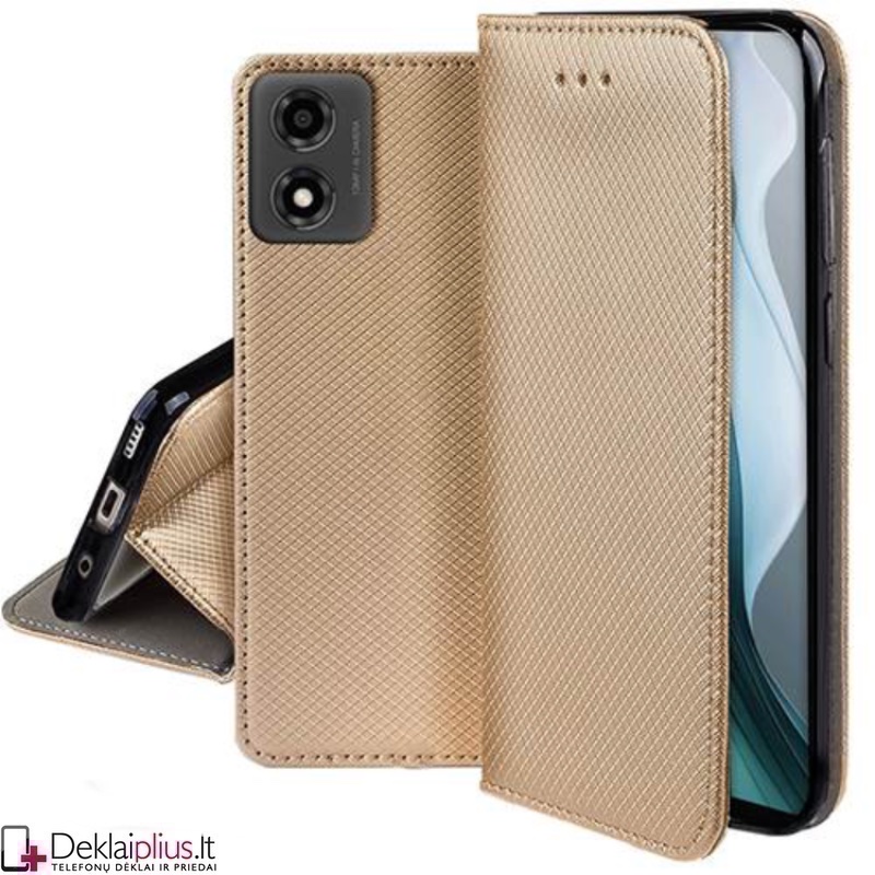 Telone atverčiamas dėklas - auksinės spalvos (Motorola Moto E14) Telone atverčiamas dėklas - auksinės spalvos (Motorola Moto E14)